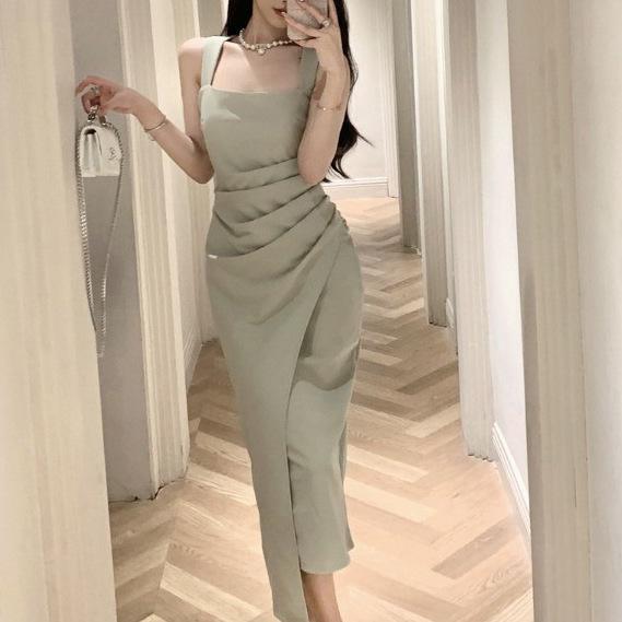 Elegant Satin Square Neck Pleated Camisole Bodycon Dress - Women's Slim Fit Long Summer Dress, New Arrival.