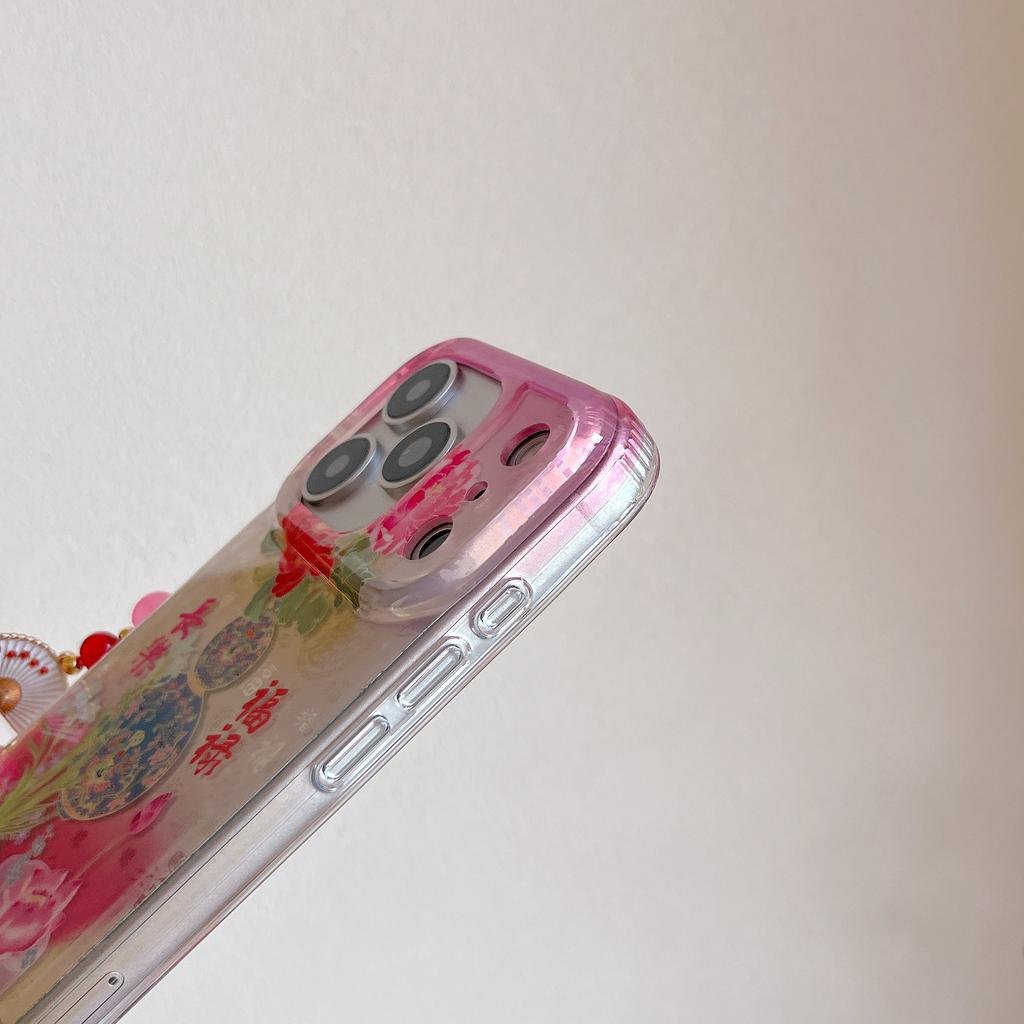 Traditional Chinese Gradient Peony & Lantern Pink Fan Tassel Phone Case for iPhone 17 16 15 14 11 12 13 Pro Max Plus Back Cover