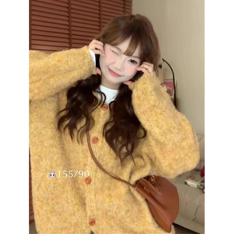 Preppy Floral Yellow Mixed-Color Knit Cardigan Coat for Women - 2025 Spring/Autumn Collection