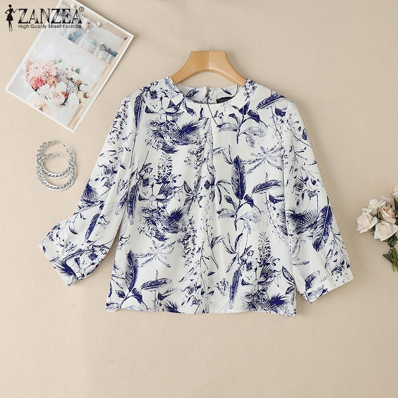 ZANZEA Women Casual Round Neck 3/4 Sleeve Loose Print Blouse