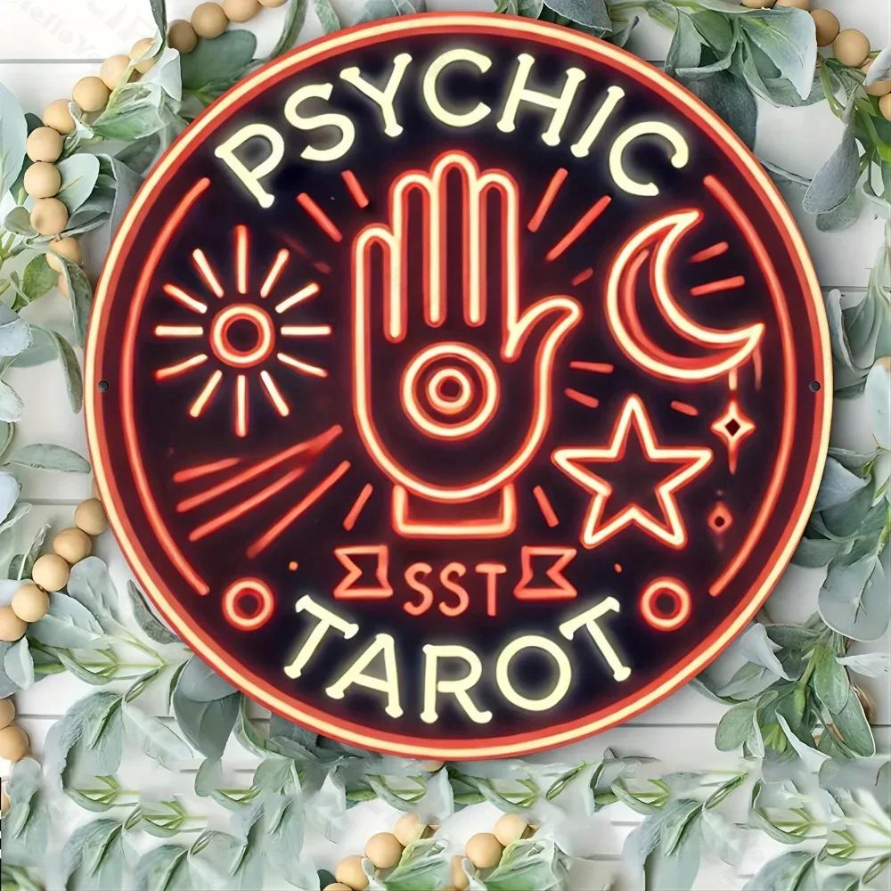 Psychic Tarot Neon Sign, Round Metal Wall Art. Durable Aluminum Decor for Home. Ideal Gift for LR, Bar, Cafe, Outdoor Settings.