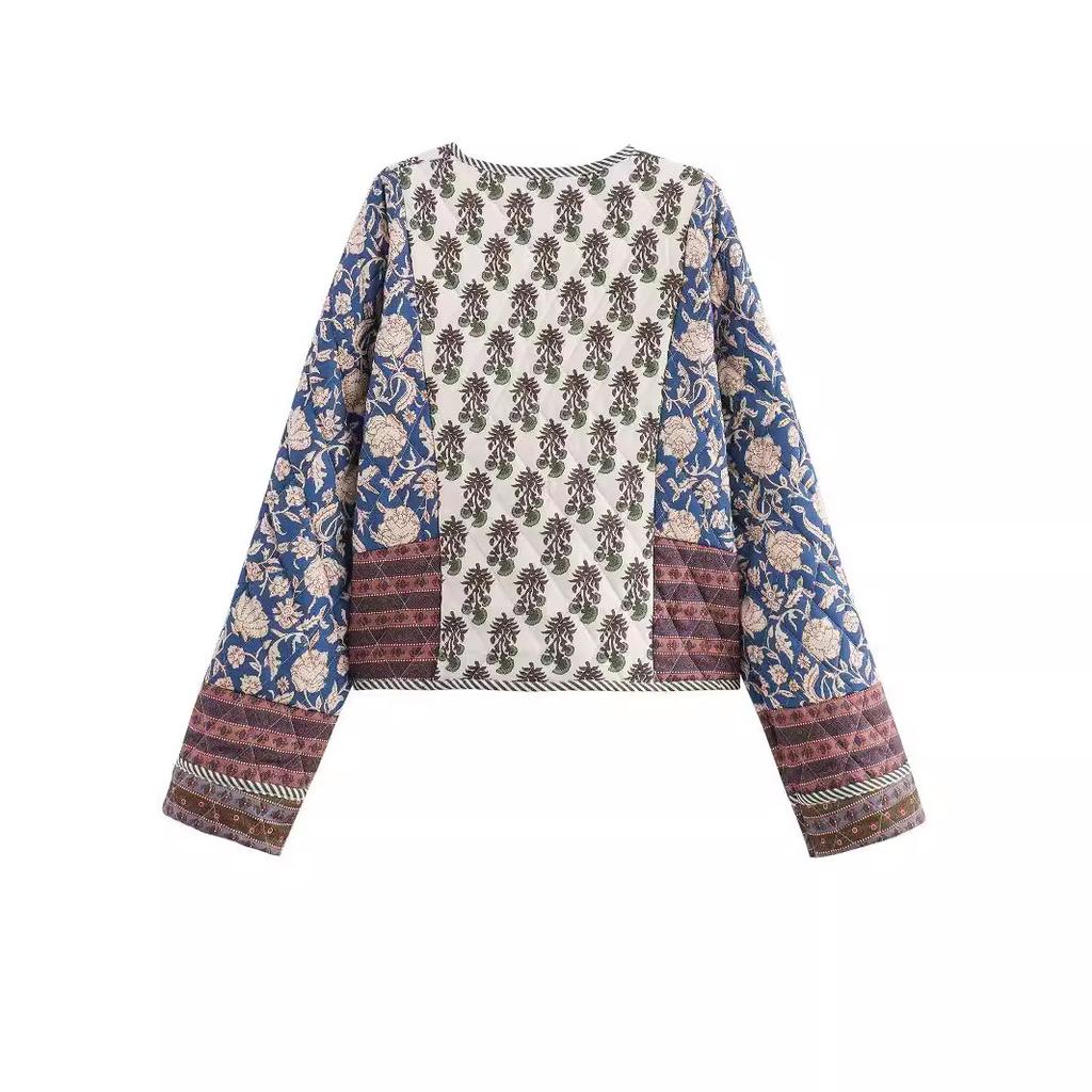 Jachetă de bumbac patchwork cu imprimeu pentru femei, matlasată, cu mânecă lungă, largă, scurtă, caldă, îmbrăcăminte exterioară de toamnă-iarnă pentru femei
