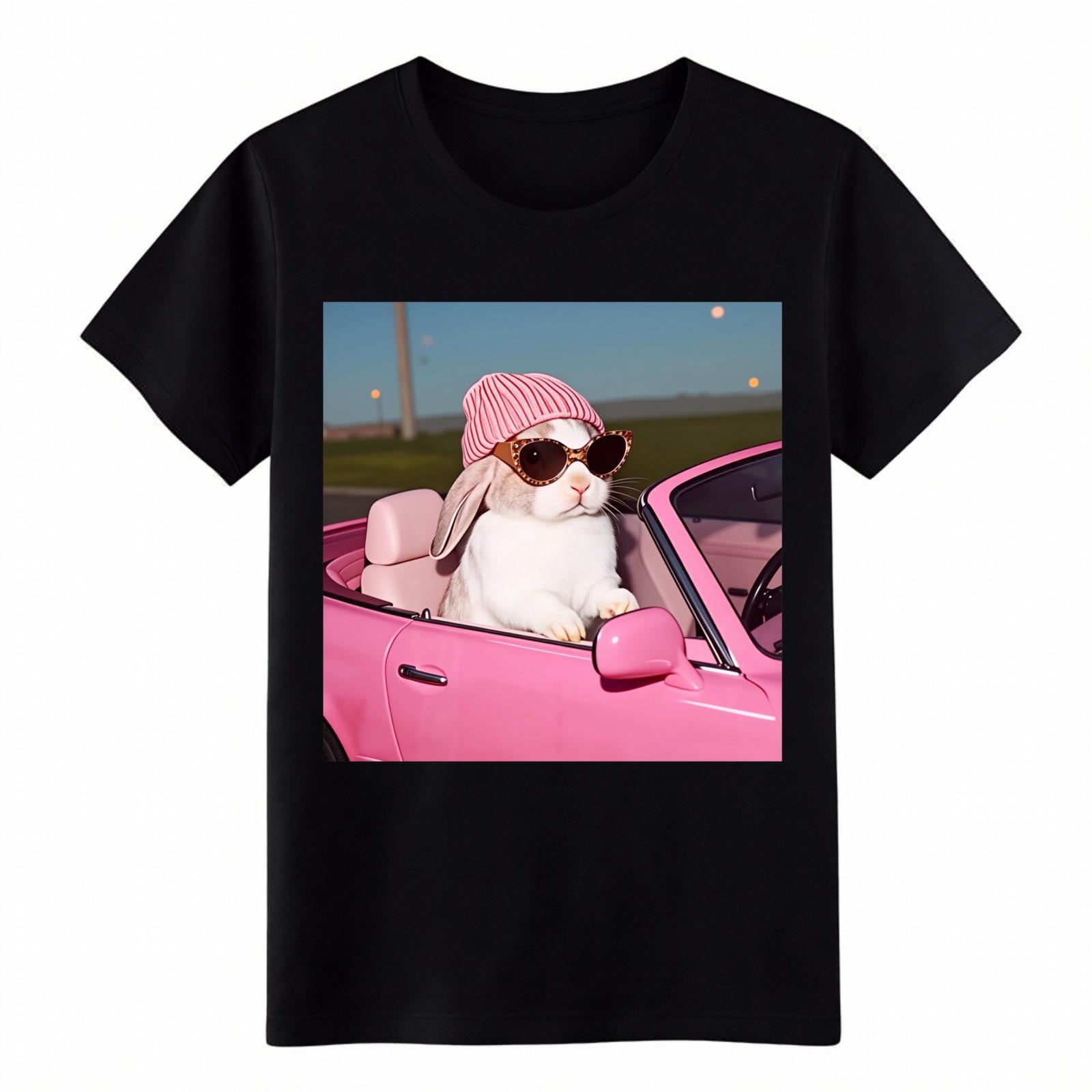 Cool Bunny in Pink Convertible T-Shirt-Funny Retro Car Graphic Tee S