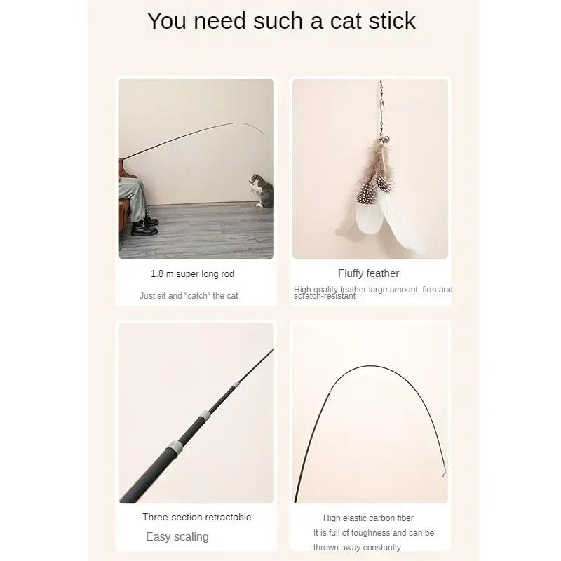 1.8M Carbon Fiber Telescopic Cat Teaser Wand with Feather Toy Professional Grade Durable Interactive Play Supplies for Pets