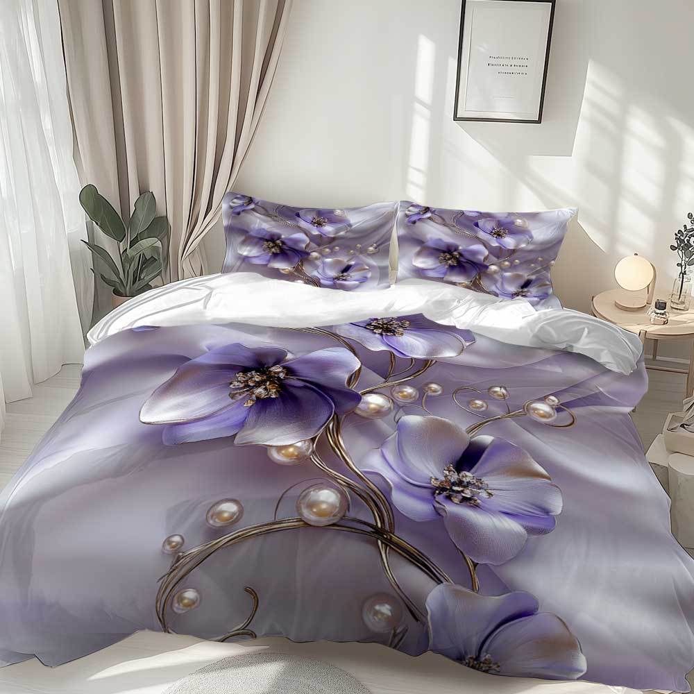 3-teiliges Hellviolettes Bettwäscheset Perlenblumen-Druck Gemütlicher Bettbezug King Queen Twin Größe Geburtstagsgeschenk für Erwachsene Schlafzimmerdeko