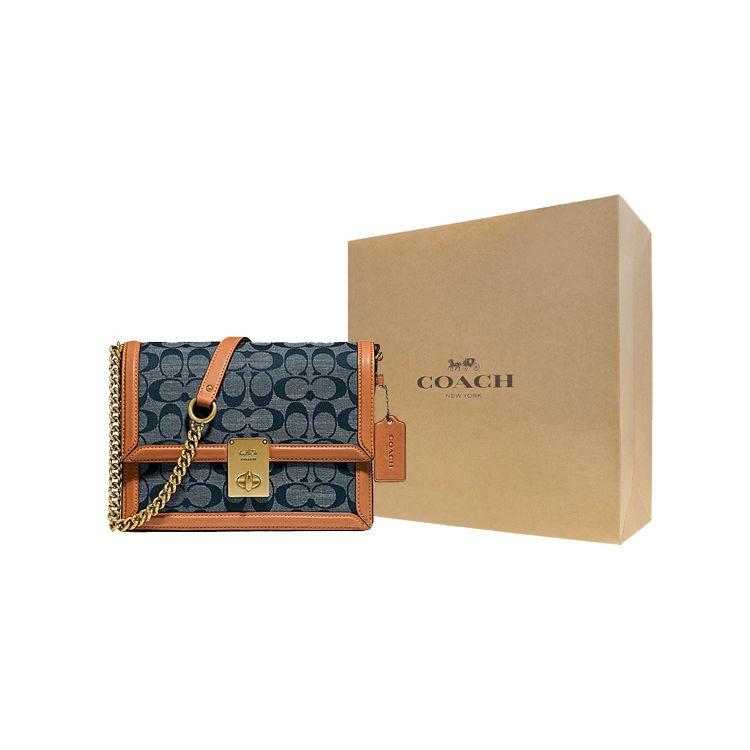 Coach Hutton Floral Print Chain Canvas And Leather Shoulder Bag Women Shoulder Bag Denim-Blue Brown 3696-B4RA3