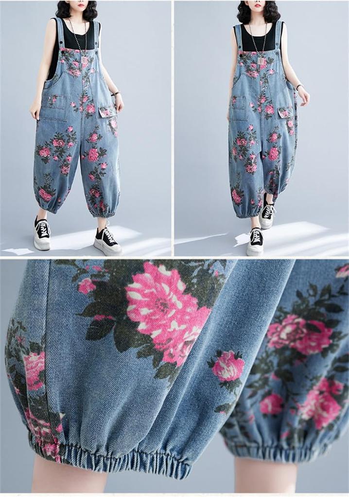 Mouhoukyo Denim Denim Loose Casual Cute Floral Sizes Women's Overalls, Wide-Leg Pants, All-in-One Pants, Fit, Jeans, Print, Spring, Summer, Autumn,