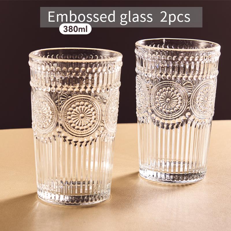 GIANXI 300ml Nordic Style Glass Cup Embossed Design With Gold Rim Tea Cups Thickened Heat Resistant Retro Transparent Teacup Set