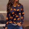 Women's Long Sleeve Round Neck Top with Halloween Print and Side Slit Hem for Casual Holiday Wear