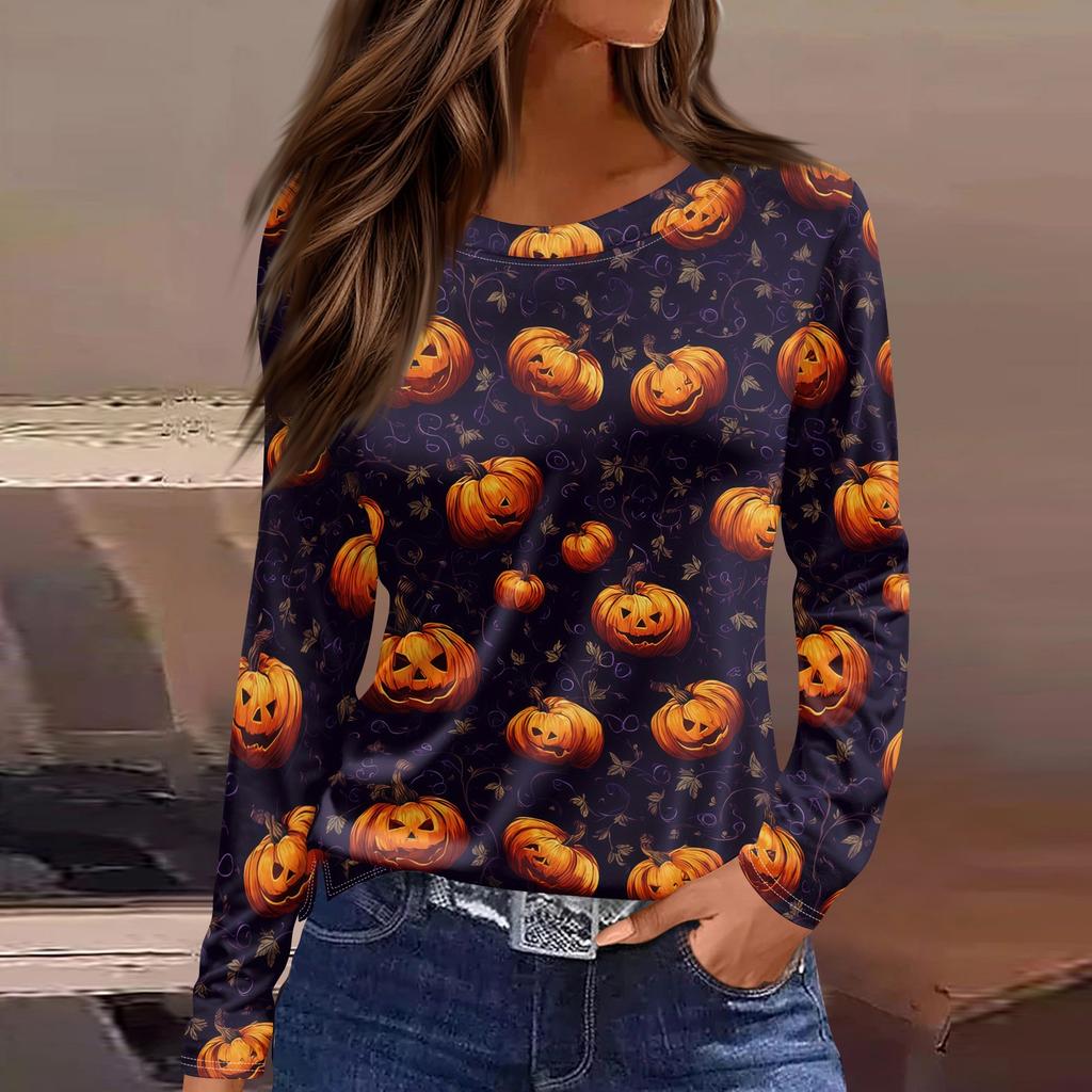 Women's Long Sleeve Round Neck Top with Halloween Print and Side Slit Hem for Casual Holiday Wear