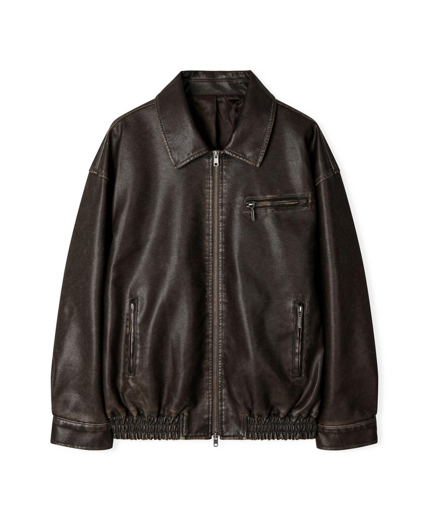 Leathery Washed Leather Oversized Blouson Jacket [Washed Black]