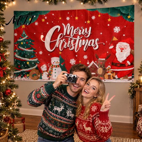 Santa Claus Wall Backdrop Christmas Banner, 71x43 Inches Sleigh Reindeer Snowman for Winter Wonderland Reusable Holiday Party Decorations, Indoor