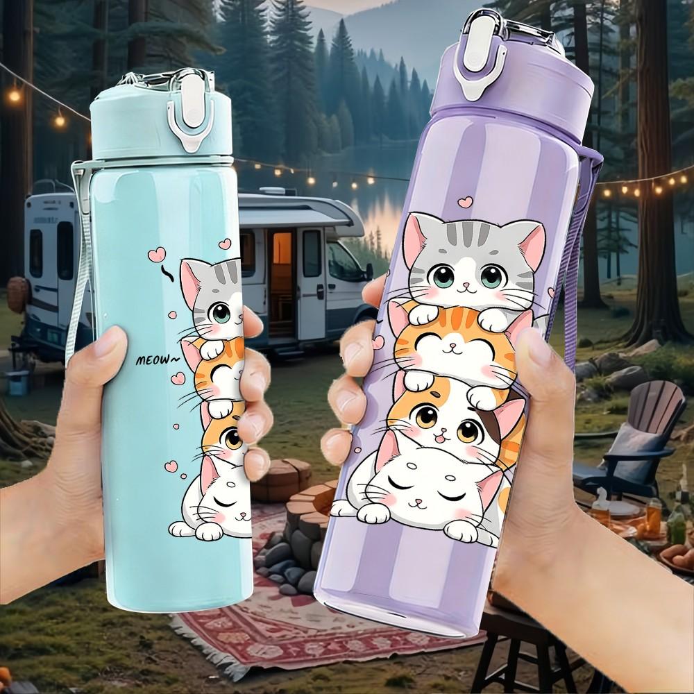 1PC Stacked Playful Kitten Cat Print 750ml Color Plastic Sports Water Bottle Leakproof Flip Straw Lid Suitable for Sports Office Home Use