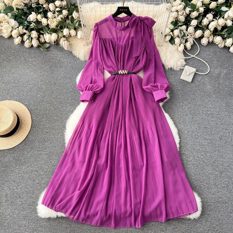 Early Spring Dress Women's 2024 New Arrival Sweet Bows Heavy-Duty Pleated Chiffon Dress Puff Sleeves Vacation Skirt