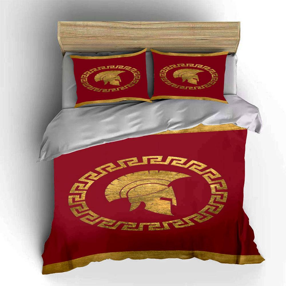 Golden Spartan Helmet on Red Background Print Bedding Set Duvet Cover Pillowcases (1* Duvet Cover 2* Pillowcases Do Not Include Comforter)