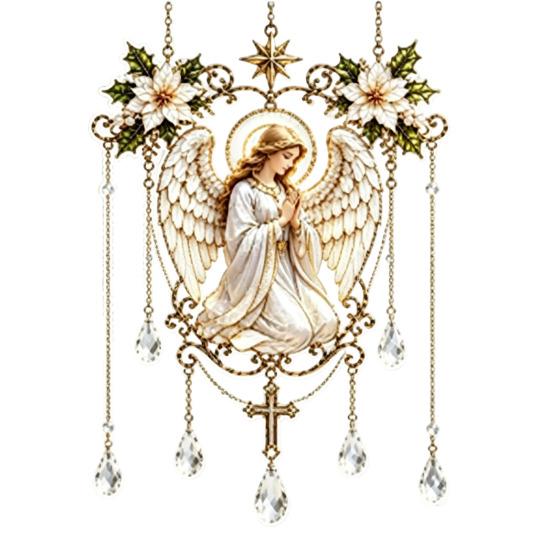 Stained Glass Angel Window Hanging Effect Blessing Suncatcher, Acrylic Prayer Space Ornament with Faux Crystal Charm for Home Garden Decor