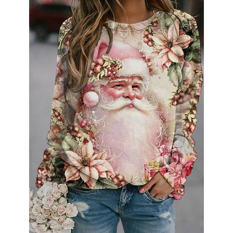 

Рождественский женский пуловер с графическим рисунком Санта-Клауса, теплый, классический, повседневный, с длинным рукавом, с круглым вырезом, обычный топ 2XL