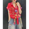 Y2K Summer Casual Fashion Diamonds Patchwork Chiffon Shirt Lady Short Sleeve Loose All-match Buttons Tops Women Printed Blouse
