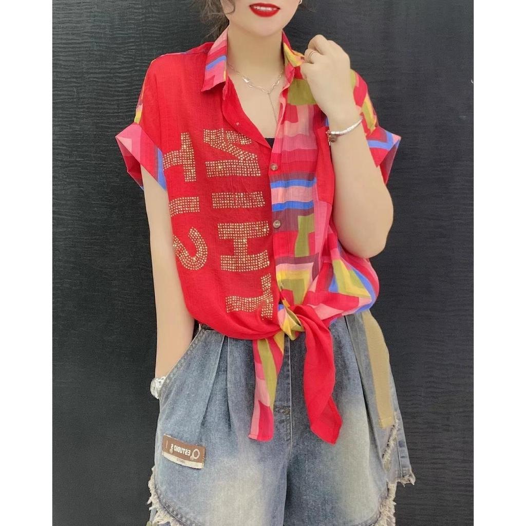 Y2K Summer Casual Fashion Diamonds Patchwork Chiffon Shirt Lady Short Sleeve Loose All-match Buttons Tops Women Printed Blouse