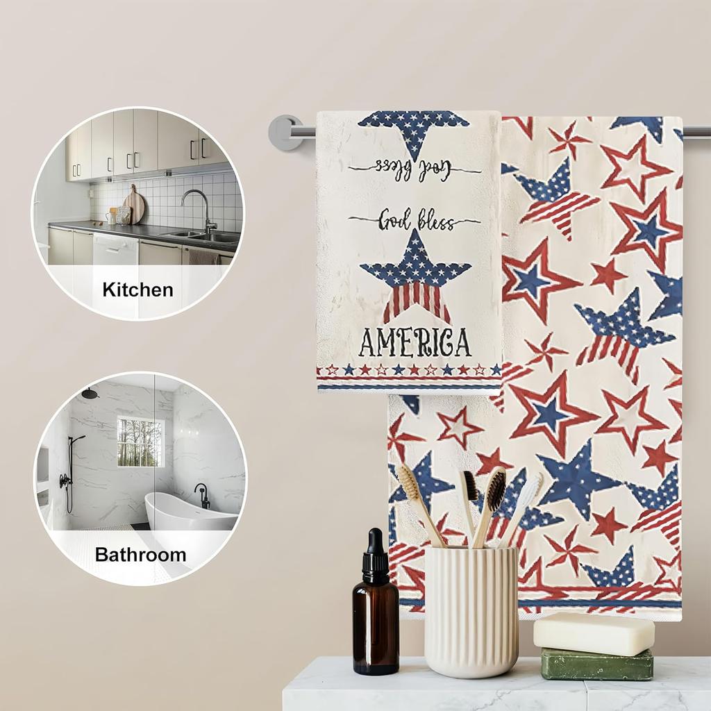 Patriotic 4th of July Kitchen Towels Dish Towels Set of 2,Strip Shaped Star Holiday Hand Towels 18x26 Inch Drying Dishcloth,Independence Day Dish