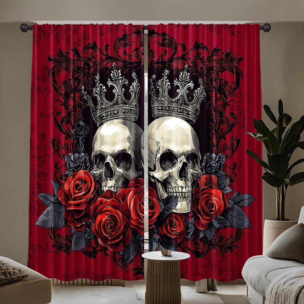 2PCS Digital Print Curtains Trendy Skull Print Gothic Rod Pocket