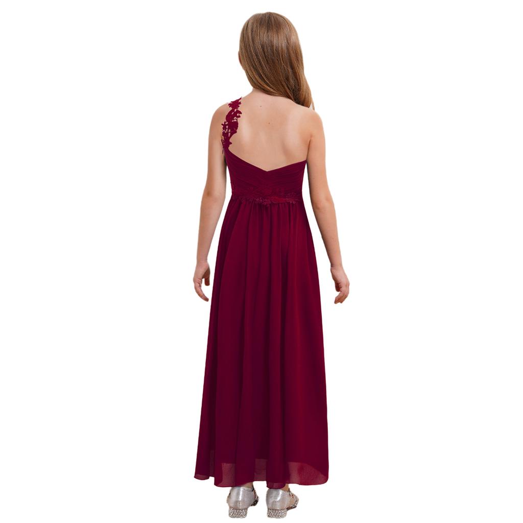 Girls Elegant One Shoulder Party Dress Guipure Lace Detail Flattering Ruched Chiffon Maxi Evening Dress