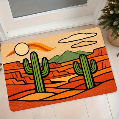 1pc Desert Cactus Sunset Landscape Flannel Mat Entrance Door Bathroom Bedroom Living Room Non-Slip Water-Absorbing Foot Mat Home Doorway Hallway Carpe