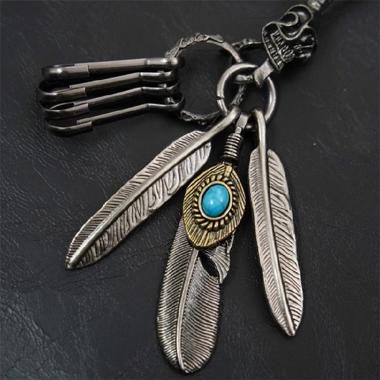 Distinctive Feather Keychain Charm In Antique Silver With Turquoise for Individualistic Fashion Statements Pieces