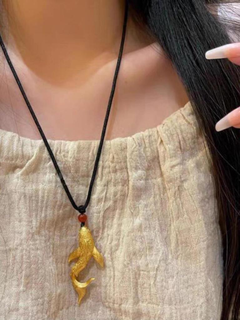 Ancient Style Vietnam Sand Gold Koi Necklace with Carved Begonia Pendant