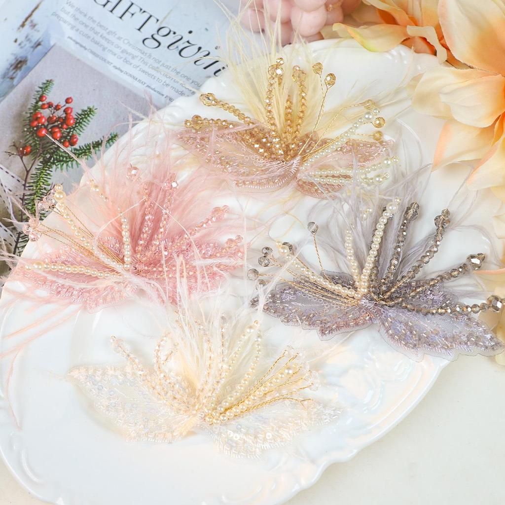 White Lace Feather Pearl Crystal Floral Wire Headwear & Brooch Accessories for Shoes and Hats