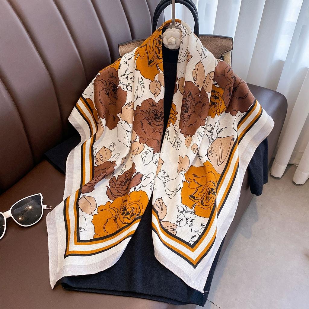 90X90Cm Autumn Vintage Rose Print Square Scarf For Women Unique And High-End Elegant Shawl And Scarf