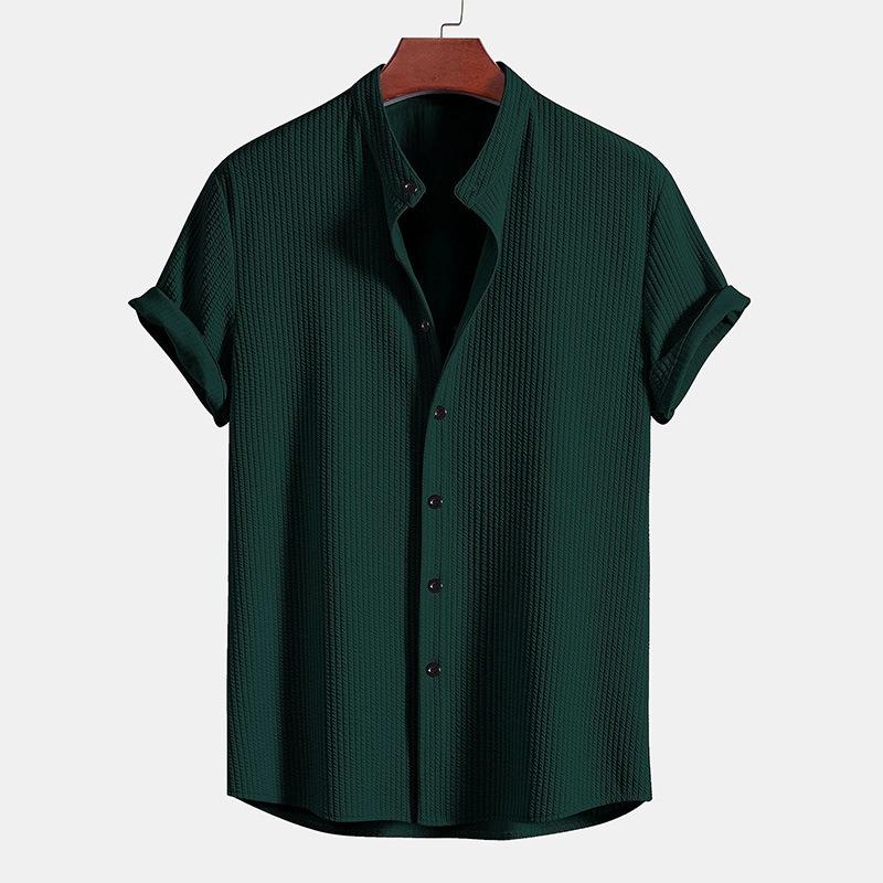 Men's Short Sleeve Solid Color Button Down Shirt Stand Collar Top