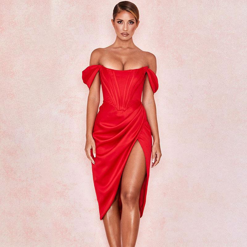 Letní Sexy Dlouhé Bodycon Šaty Ženy Bez ramen Bílé Červené Šaty Jednobarevné Sling Sexy Šaty s rozparkem Dámské Oblečení Party Club Šaty