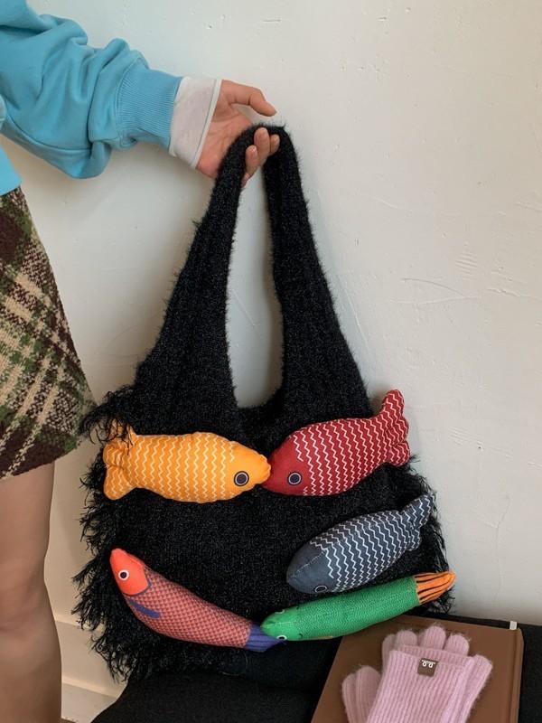 Knitted Cotton Shoulder Bag With Open Top Design For Daily Use And Spacious Storage