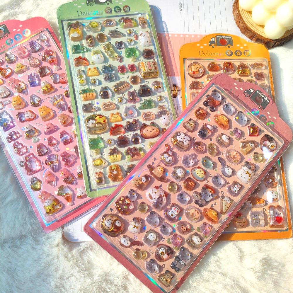 4pcs Children's Cartoon Fresh-style Reward Stickers - Dreamy Rabbit & Panda Crystal Embossed 3D Decorative Stickers for Journals