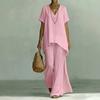 Women's Loose Fit Two-Piece Tracksuit Short Sleeve V Neck Top High Waist Wide Leg Pants