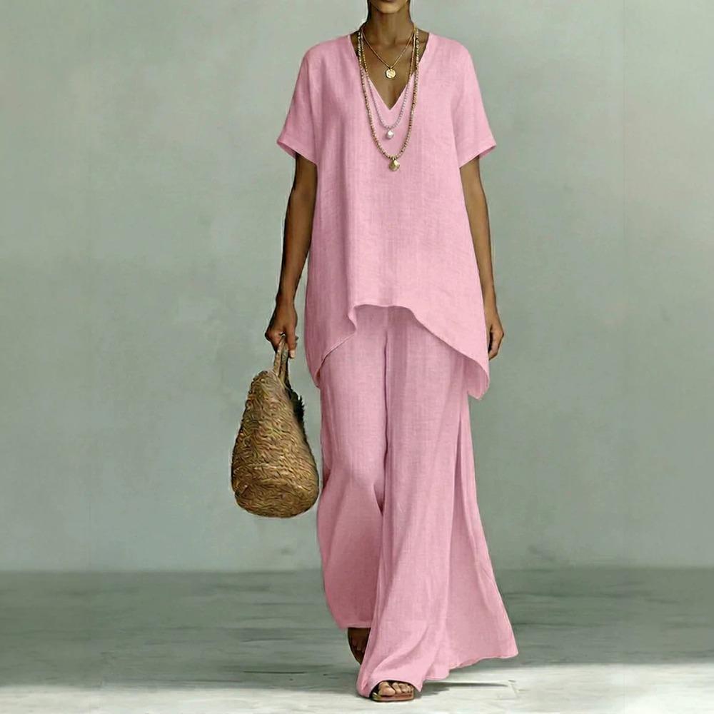 Women's Loose Fit Two-Piece Tracksuit Short Sleeve V Neck Top High Waist Wide Leg Pants