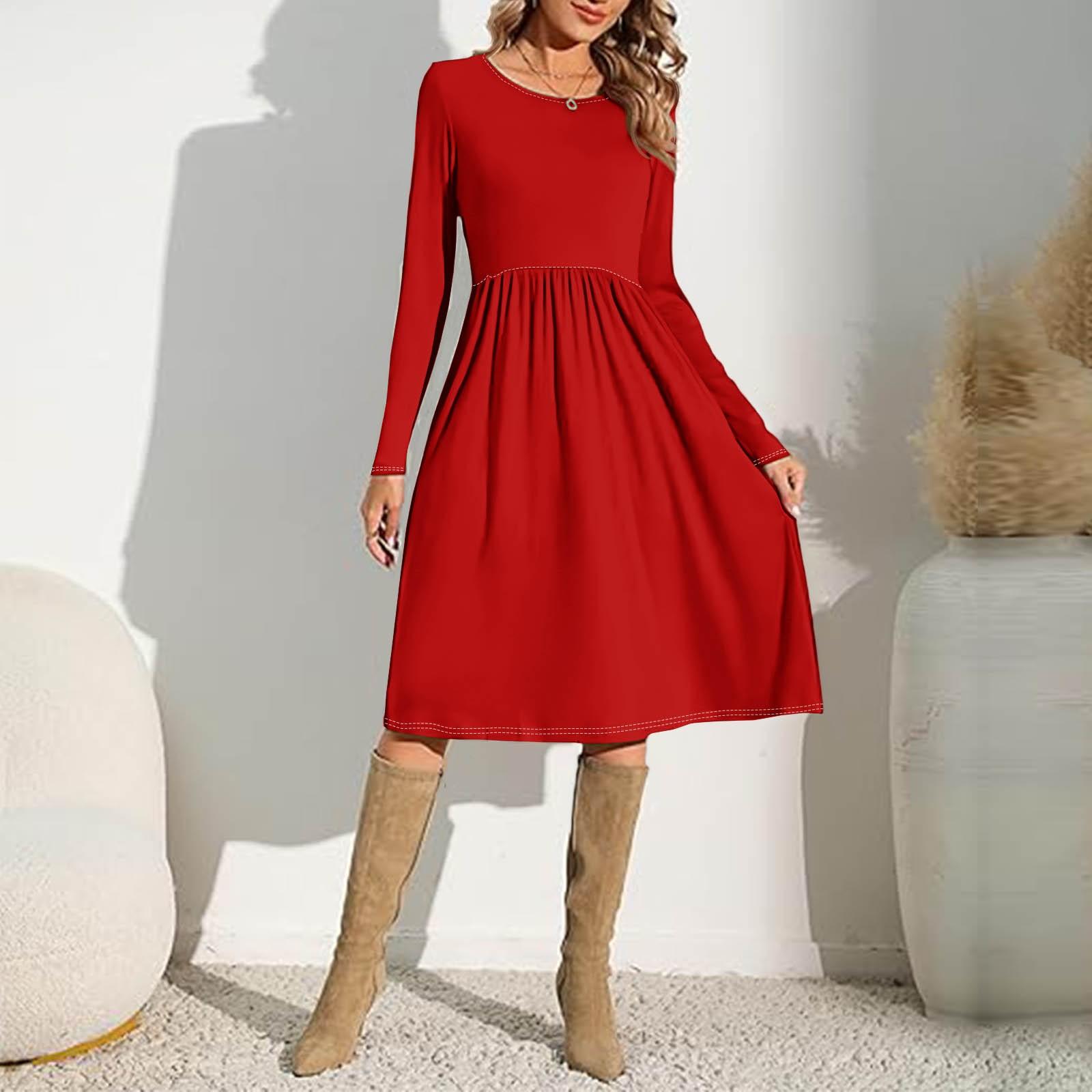 

Женские однотонные повседневные платья с карманами на весну с круглым вырезом и длинными рукавами M красный