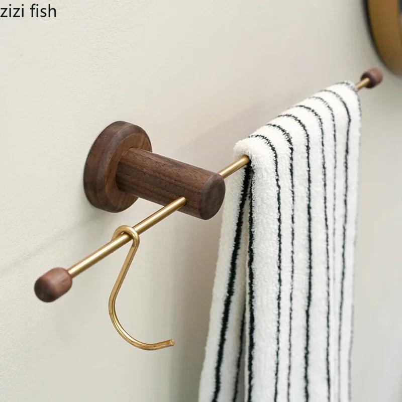 Walnut Wood Metal Towel Rack Bathroom Wall Mounted Storage Rack Wall Shelf Portability Towel Rack Storage Organizer Clothes Hook