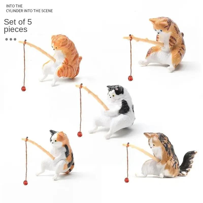 1/5/10PCS Ornament Decorative Furnishings for Aquarium Cats Fishing Figurine Cat Sculpture Sitting Fishing Little Cute Cat Resin