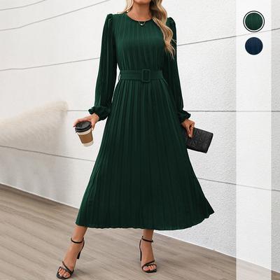2025 Nové Podzimní Společenské Pracovní Elegantní Retro Dlouhý rukáv Jednobarevné Plisované Šaty