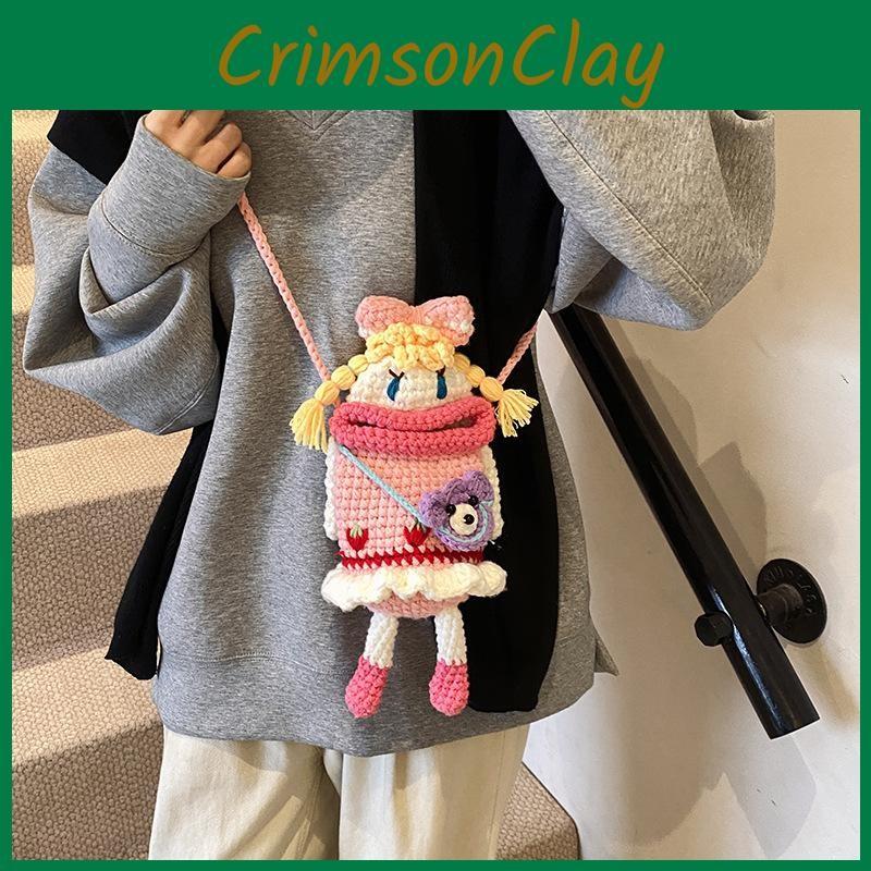 Pink Knitted Lovely Crossbody Bag For Children Featuring Cute Cartoon Motif Doll