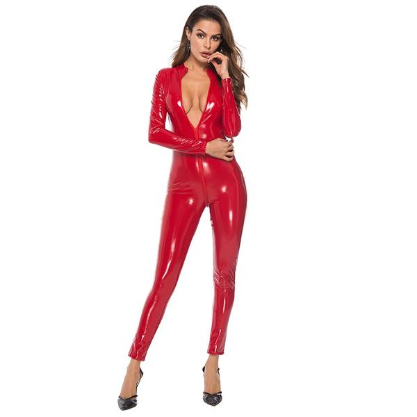Mote for kvinner Langermet Maling Skinn Kattedrakt PVC Lateks Bodysuit Glidelås foran Åpen skritt Elastisk Klubb Jumpsuit