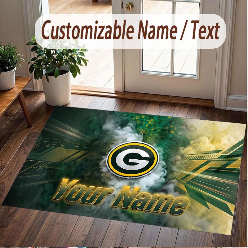 Custom Rug Green Bay Packers Pattern Print Name Text Soft Non‑Slip Floor Carpet for Home Indoor Decoration