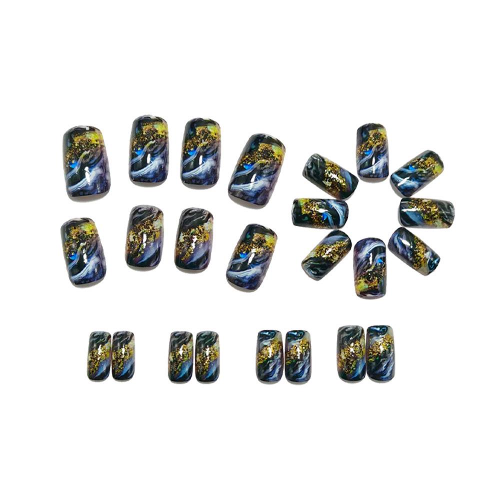 Elegant Gold Foil Blended Manicure Wearable Nail Tips - Chic Dark Style Fake Nail Stickers