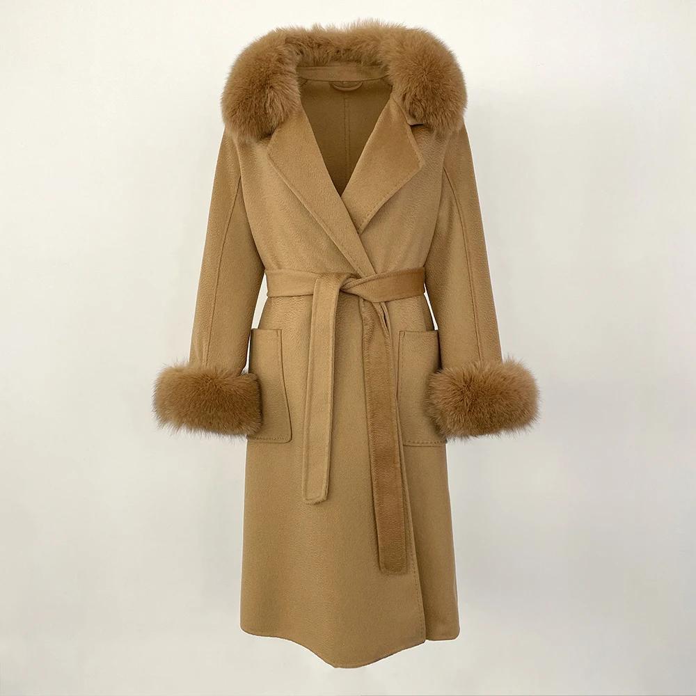 Woman Trend 2024 Autumn Winter 100% Double-sided Wool Coat Ladies Real Fox Fur Collar Detachable Long Coat
