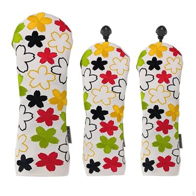 3 Pieces Driver Head Cover Multicolor Floral Golf Stitched Borders Edges Turf Wood