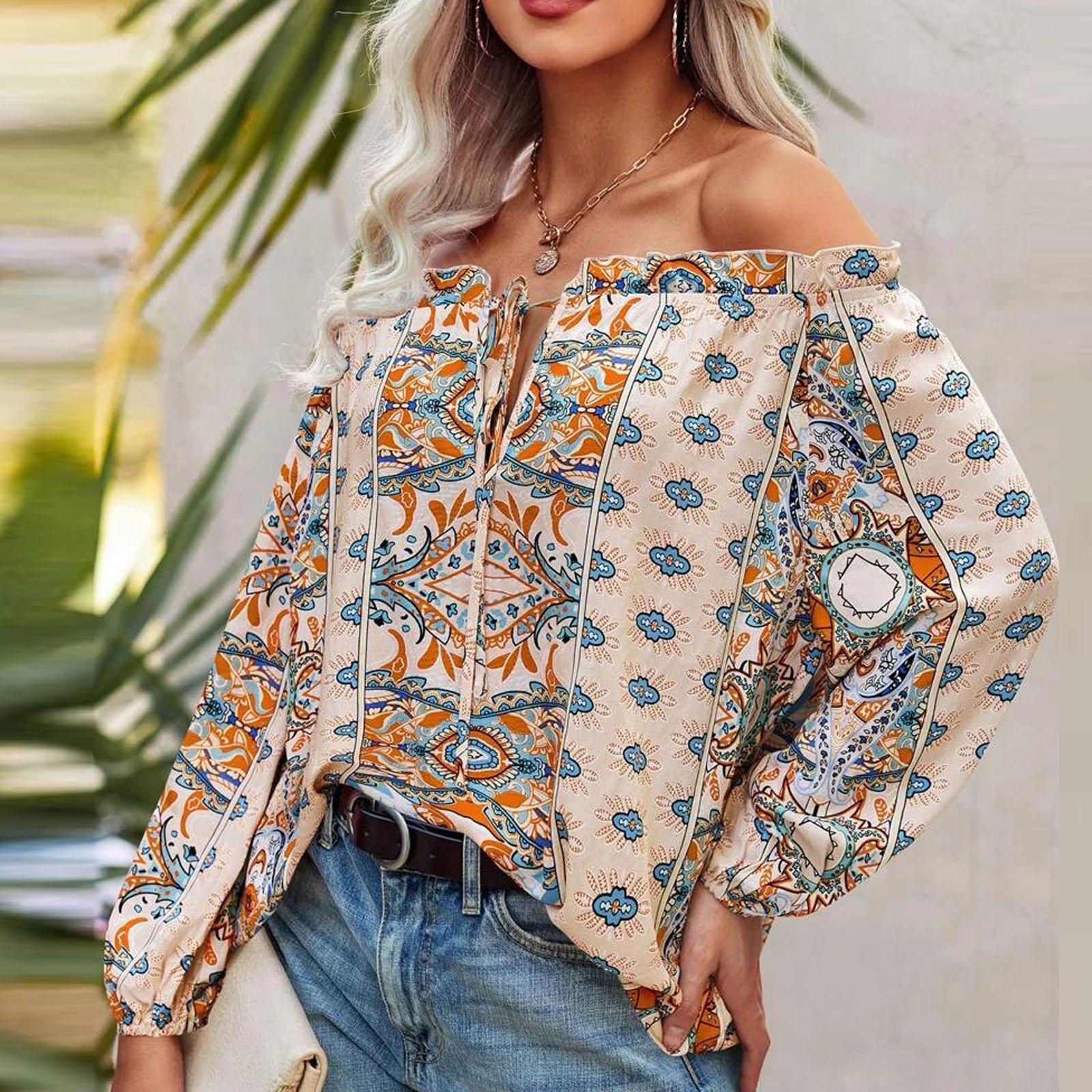 

(SU)Женская рубашка в стиле бохо с цветочным принтом и открытыми плечами, рюшами и узлом спереди XL бежевый