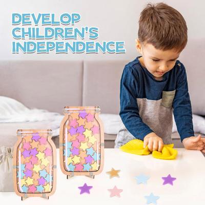 Wooden Reward Jar with 25 Colorful Stars Flowers Kids Students Potty