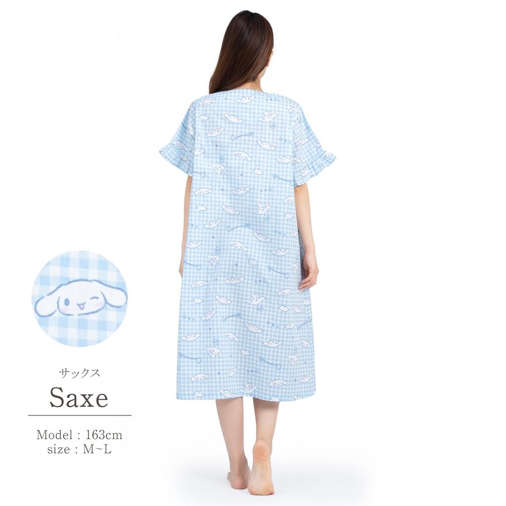 SAZAC Cinnamoroll Cotton Gingham Cinnamoroll Dress/Nightgown, 100% Broadcloth, Women's, Button-Front Loungewear, (Sax/M-L/SAN1781)
